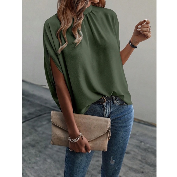 Army Green Blouse Top Flowy, High Neck - Picture 6 of 11